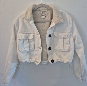 Womens Stoosh vintage denim white jean crop jacket Size Large Faux Sherpa Collar